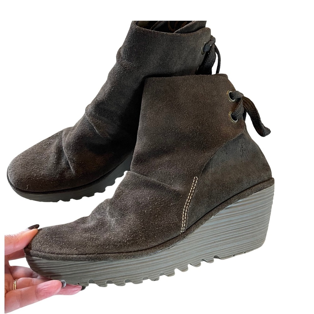 Fly London Suede Wedge Ankle Boot Women 42 Brown Whimsigoth Back Lace P500326002